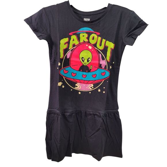 Spotted Zebra Girl Far Out Spaceship Lovely Alien Black Dress Size Medium(8) - Picture 1 of 9